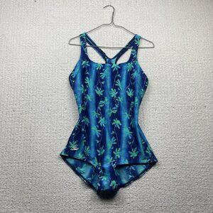 Speedo Women's Swimsuit Size 14 One-Piece Blue / Green Floral Y2K Trippy AOP